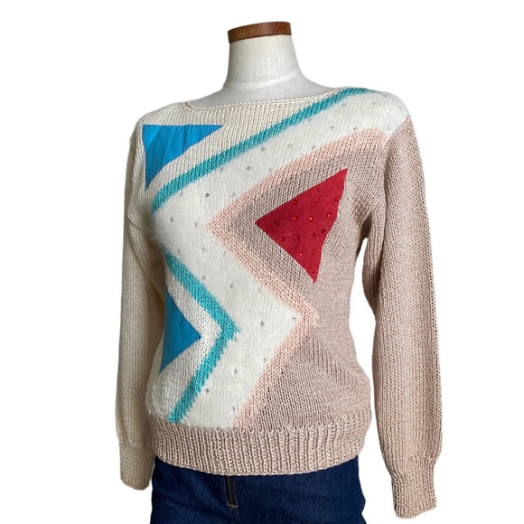 Vintage 80s Nannell Geometric Novelty Hand Knit Sweater Sz S - Picture 9 of 13